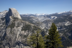 Panoramic views from Glacier Point overlooking Yosemite Valley, including Half Dome and waterfalls.