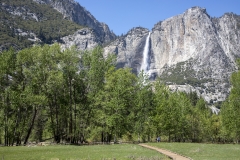 Spring landscape of Yosemite Valley with waterfalls, trees, and granite cliffs in California. 