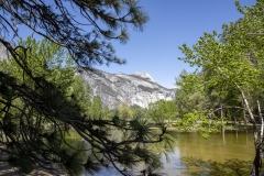 Spring landscape of Yosemite Valley with waterfalls, trees, and granite cliffs in California. 