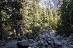 Spring landscape of Yosemite Valley with waterfalls, trees, and granite cliffs in California.