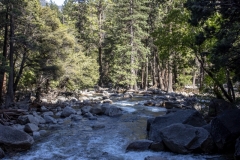 Spring landscape of Yosemite Valley with waterfalls, trees, and granite cliffs in California.