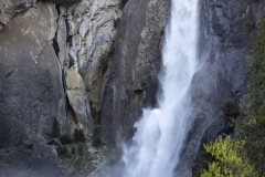 Spring landscape of Yosemite Valley with waterfalls, trees, and granite cliffs in California. Lower Yosemite Falls