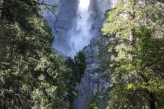 Spring landscape of Yosemite Valley with waterfalls, trees, and granite cliffs in California.