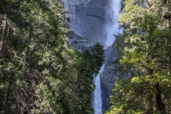 Spring landscape of Yosemite Valley with waterfalls, trees, and granite cliffs in California.